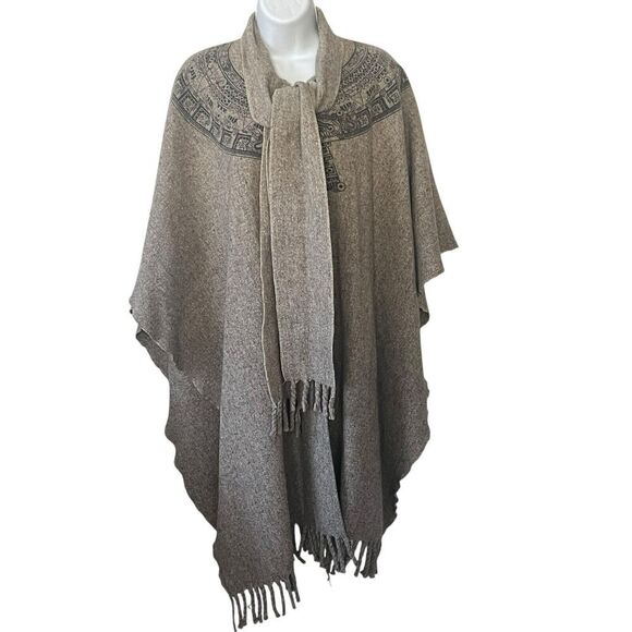 Vintage Molina Aztec Print Wool Poncho Walking Cape One Size Brown Fringe Brown - Picture 1 of 11